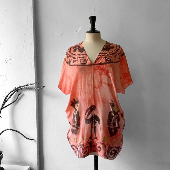 Vintage 80s BOHO Laise Adzer Hand-Painted Silk Tunic Top Bird Print Lagenlook - Picture 7 of 9